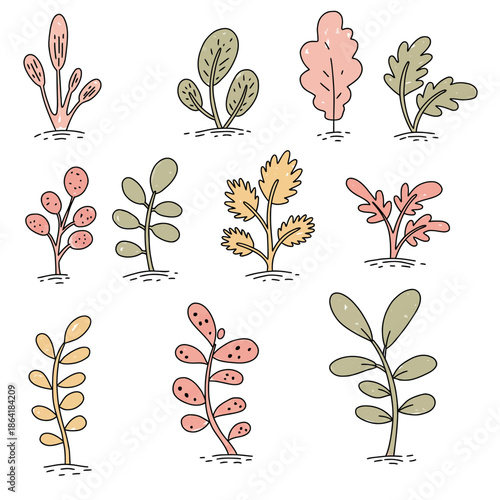 An assortment of 10 charming abstract vector plants in a playful doodle style, perfect for various design projects and natural themes, adding a touch of artistic flair