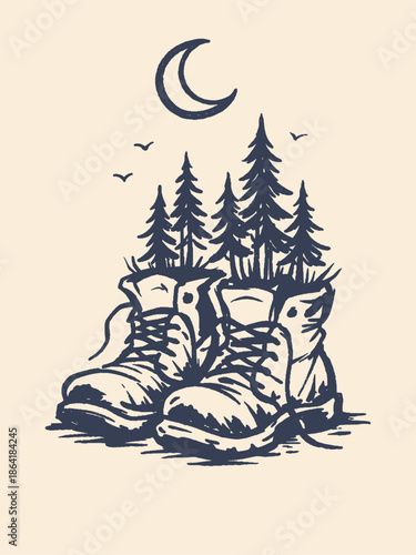Hiking Boots With Pine Forest And Moon Ink Sketch Vector Illustration