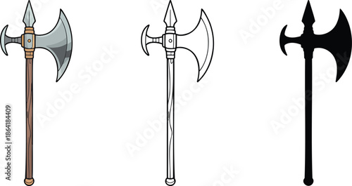 Halberd silhouette & Outline and illustration set isolated on transparent background