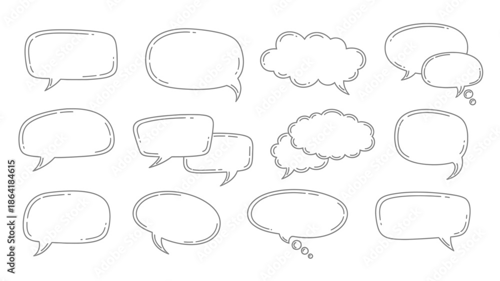 Fototapeta premium Set of Various Hand-Drawn Speech Bubbles and Thought Bubbles Outlines on an Isolated White Background