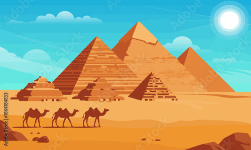 An expansive desert scene featuring majestic pyramids and camels traversing the golden sands under a clear blue sky, showcasing timeless beauty and a connection to ancient history.
