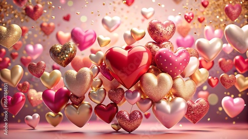 Colorful Hearts Floating in Sparkling Background