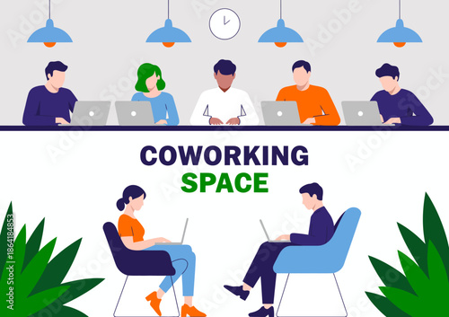 A modern coworking space illustration showcasing individuals actively collaborating on laptops, representing the trends of shared workspaces and teamwork in a professional setting.