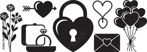 Valentine day love heart arrow bouquet balloons lock ring envelope romantic vector illustration