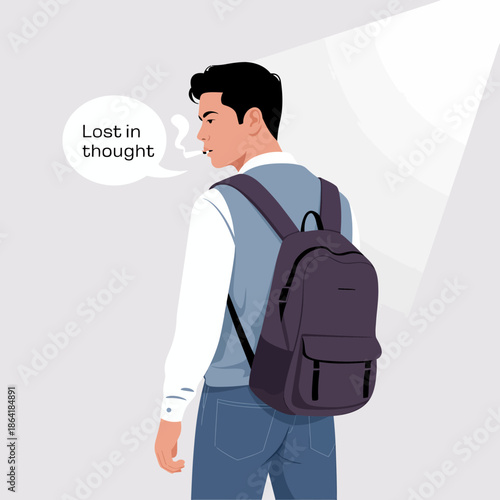 A thoughtful young man gazing into the distance, encapsulated in a moment of deep contemplation, reflecting on life’s complexities with a backpack, invoking introspection.