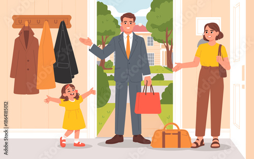 A heartwarming family scene showing joyful moments as parents and a child greet each other at the door, exuding warmth, love, and homecoming happiness.