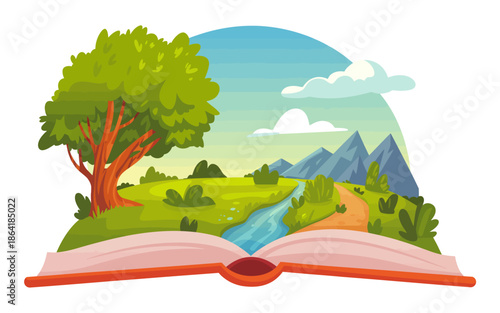 An imaginative illustration of an open book showcasing a stunning landscape with trees, mountains, and rivers, symbolizing adventure, knowledge, and the beauty of nature.