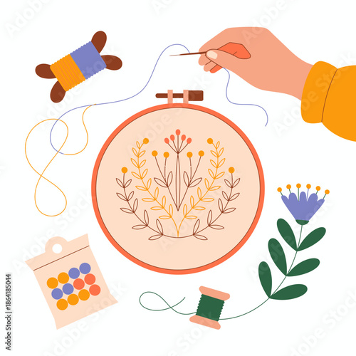 An artistic depiction of hand embroidery in progress, showcasing intricate floral designs and vibrant threads, emphasizing the creativity and artistry involved in this craft.