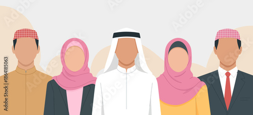 Diverse individuals in traditional Middle Eastern attire, symbolizing cultural richness and unity through clothing, showcasing various styles and vibrant colors together.