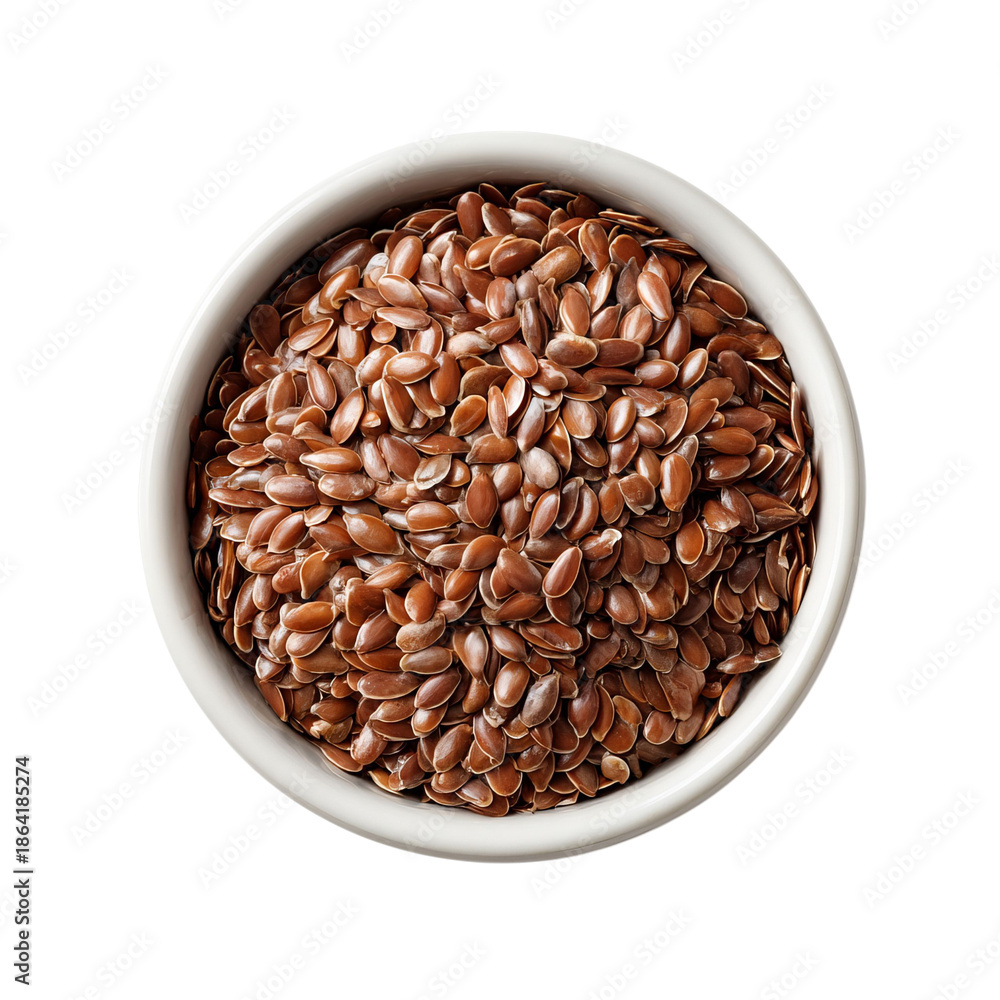 Obraz premium PNG of Close-up of brown flaxseeds in a white bowl, showcasing their natural texture.