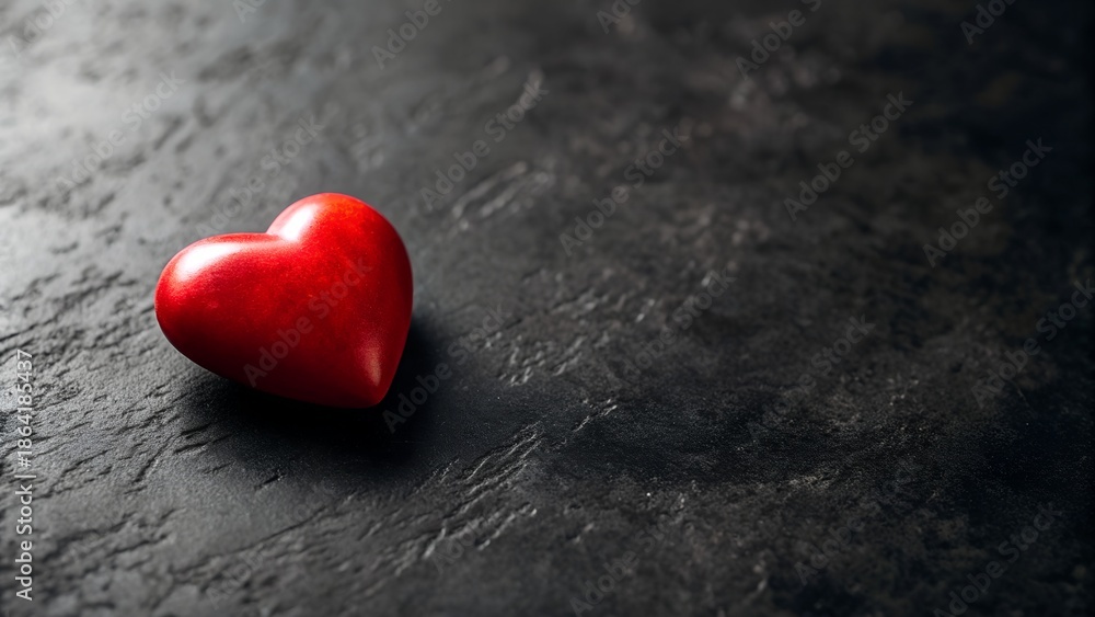 Fototapeta premium Red Heart Shape On Dark Textured Background With Water Droplets And Dramatic Lighting