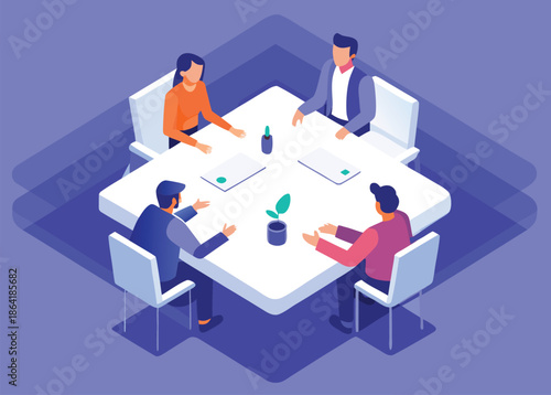 Four people sitting around a square table in a meeting or discussion