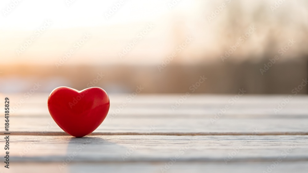 Fototapeta premium Single Red Heart Decoration on White Wood Table at Golden Hour Sunrise with Soft Bokeh Background