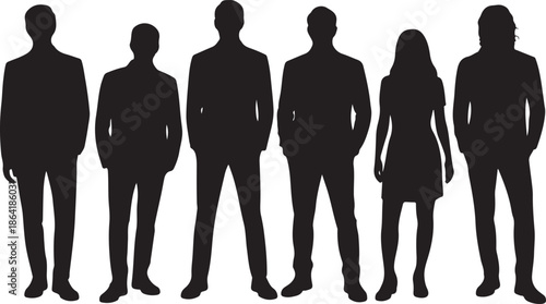 Vector silhouettes of men and a women, a group of standing and walking business people, black color isolated on white background