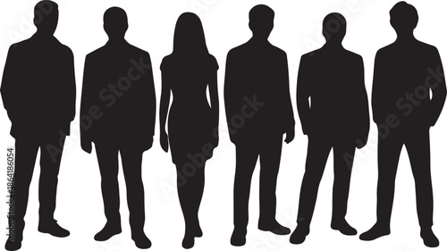 Vector silhouettes of men and a women, a group of standing and walking business people, black color isolated on white background