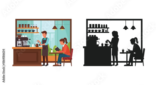 A colorful cafe interior with a barista and customer plus its silhouette
