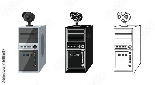 Illustration of three computer towers in varying styles and shades