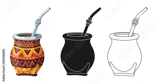 Three mate gourds with bombillas in different styles and colors displayed
