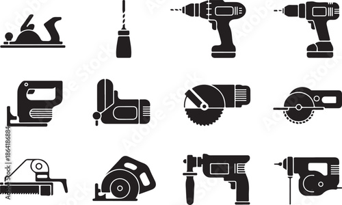 Woodworking tools silhouette illustration, power tool vector graphic, construction equipment design outline icon, carpentry workshop sketch art, handyman repair set