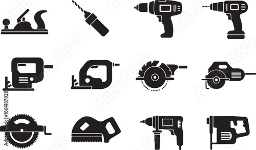Woodworking tools silhouette illustration, power tool vector graphic, construction equipment design outline icon, carpentry workshop sketch art, handyman repair set
