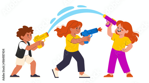 Children are happily engaged in a water gun fight, displaying joy and excitement during a sunny day, embodying the spirit of summer and carefree childhood adventures.