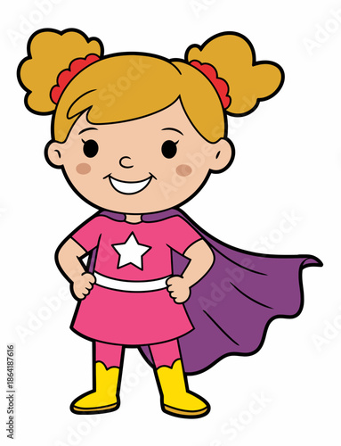 This playful illustration shows a young girl dressed as a superhero, encouraging children to embrace their dreams and feel empowered through imaginative play and creativity.