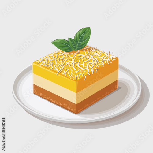 This artistic image showcases a tempting layered dessert topped with coconut and a fresh mint leaf, appealing to dessert lovers and culinary enthusiasts alike.