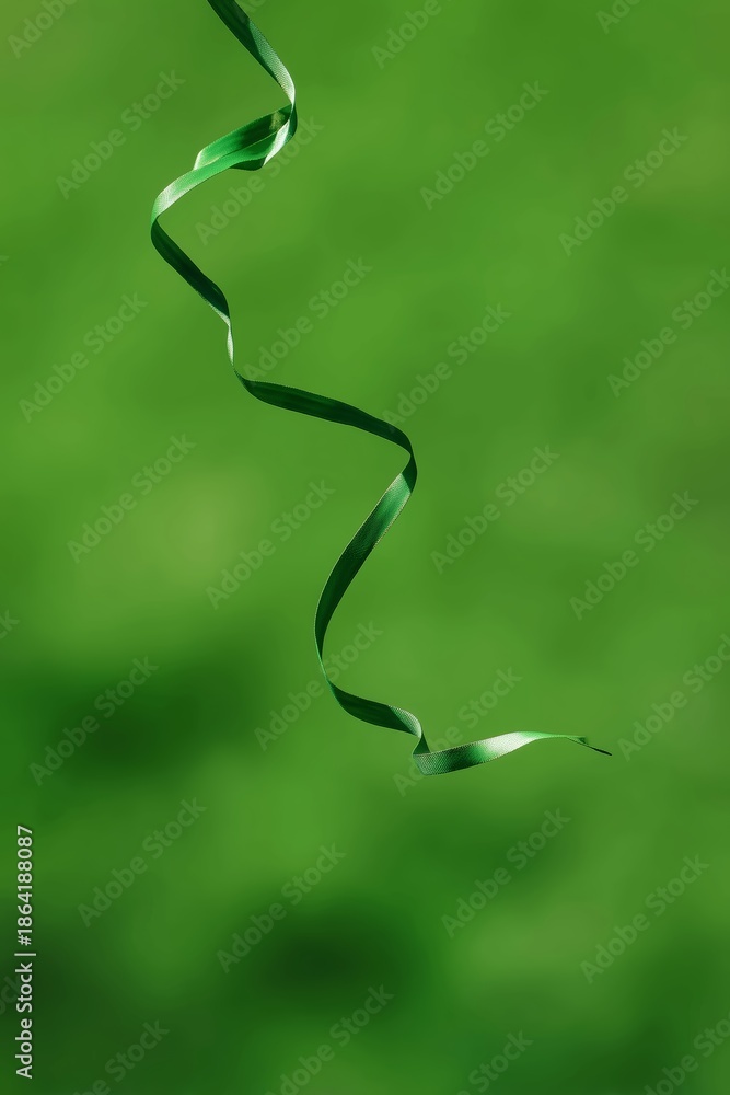 Naklejka premium Cinta verde brillante sobre fondo verde difuminado, Fotografía minimalista de cinta para editorial de moda, Mockup para evento temático del día de San Patricio
