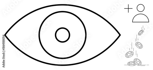 Vision tracking, finance, income generation, surveillance, digital analytics, social systems. An eye icon with coins and a user silhouette. Vision tracking and finance illustration concept
