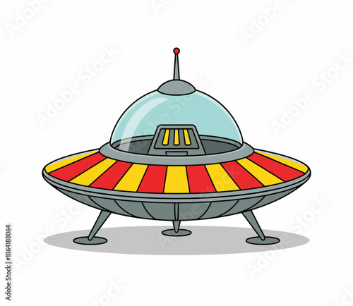 A stylized flying saucer with a vibrant red and yellow color scheme, embodying futuristic themes of space exploration and the allure of extraterrestrial technology.