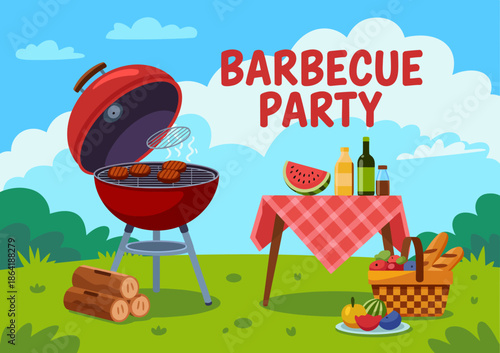 A vibrant barbecue party scene showcasing grilled sausages, drinks on the table, and a picnic tablecloth inviting people to enjoy outdoor festivities with friends.