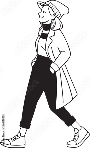 Retro fashion illustration of a black silhouette vector drawing featuring a beauty cartoon girl with a bag and a hat holding a sword as a sketch of a person