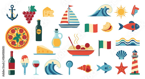 Colorful flat 2D vector illustration set of classic Italian food items and traditional Mediterranean marine objects, capturing a fun retro aesthetic perfect for summer branding.