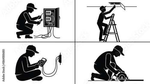 Electrician working silhouettes, electrical maintenance tasks, power panel wiring, ladder installation, circuit testing, construction safety, professional technician icons,