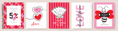 Set of Valentine's Day poster, greeting card, cover, invitation card, sale promotion template, pattern background with hand drawn seashell, sweet hearts, bee and typography design.

