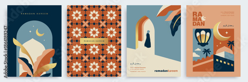 Set of Ramadan Kareem banner, poster, greeting card, cover design with mosque, building, crescent moon, Muslim women, pattern background and typography in flat geometric style.

