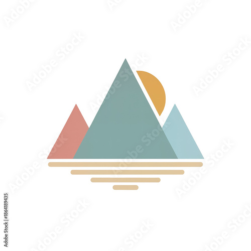 stylized landscape illustration featuring mountains, a sun, and a serene horizon in pastel colors
