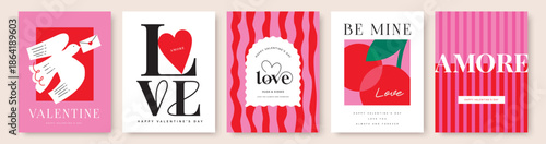 Set of Valentine's Day poster, greeting card, invitation, cover, label, sale promotion templates, pattern background with hand drawn sweet hearts , cherries, bird and typography design.

