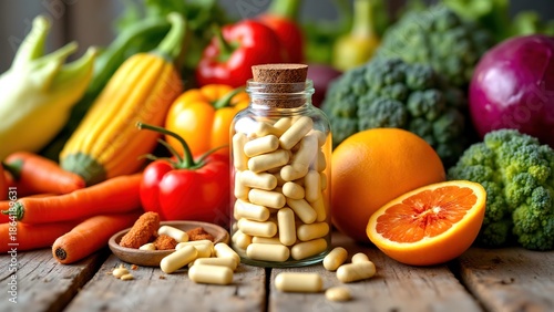 Nutritional Supplements Surrounded by Fresh Fruits and Vegetables