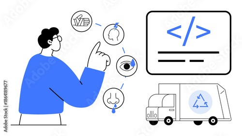 Technology, digital education, sensory perception, coding development, recycling awareness, sustainability. A person interacts with sensory-related icons beside digital coding and a recycling truck