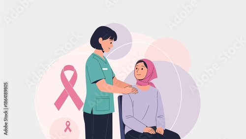 Illustration depicting medical professional checking a woman with a pink ribbon symbol signifying breast cancer awareness