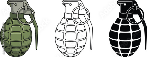 Hand Grenade silhouette & Outline and illustration set isolated on transparent background