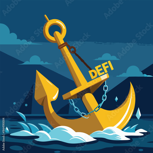 A golden anchor displaying defi text amidst ocean waves and a cloudy sky