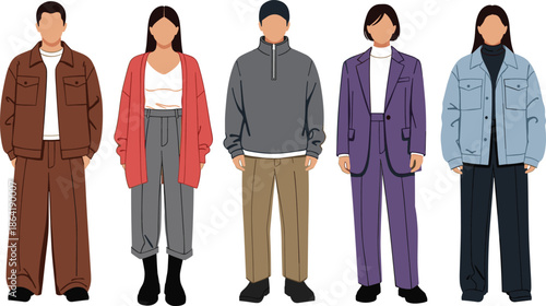 Diverse young people wearing trendy autumn outerwear, denim jackets, oversized cardigans, and stylish winter layering, modern flat vector fashion illustration,