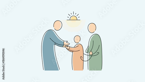 Stylized illustration depicting a heartwarming family moment, with two adults extending care and guidance to a child under a serene sunrise, symbolizing new beginnings and familial bonds