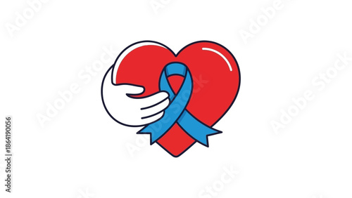A caring hand gently cradling a heart adorned with a blue ribbon, symbolizing global diabetes awareness, support, and the importance of health and well-being initiatives for a healthier future
