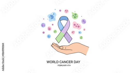World Cancer Day awareness ribbon held in a hand, symbolizing hope and support for cancer patients, researchers, and medical professionals