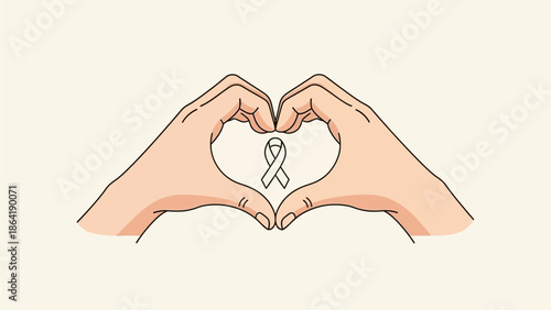 Illustration of hands making a heart gesture embracing a white ribbon, representing health awareness, unity, and compassionate support for various causes