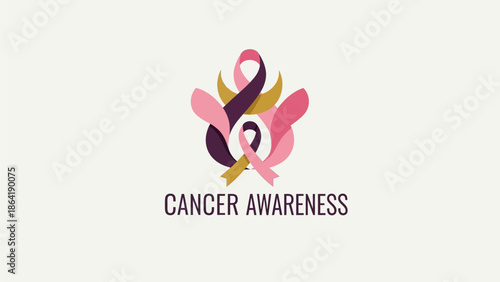 Vibrant intertwining ribbons symbolizing global solidarity and hope for cancer awareness campaigns, a powerful graphic design for support and health initiatives