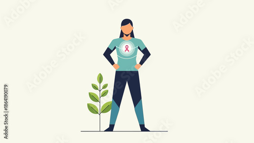 Empowering Woman with Pink Ribbon Symbol on Chest, Strong and Determined Stance, Next to Green Plant for Breast Cancer Awareness and Support